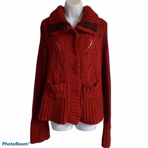 Free People Red Chunky Knit Snap Button Sweater